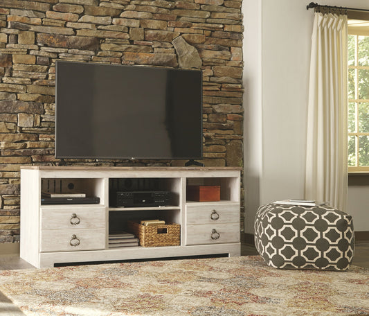 Willowton - 2 Pc. - 64" TV Stand with Faux Firebrick Fireplace Insert - Whitewash