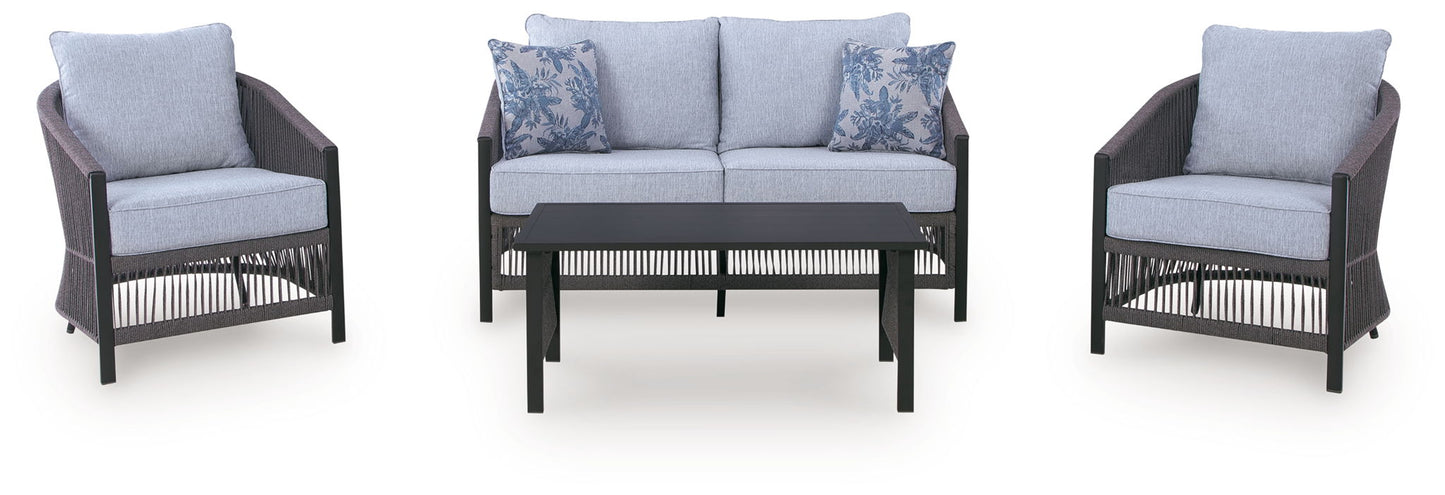 Bodega Island - Loveseat, Lounge Chairs, Table Set (Set of 4) - Gray