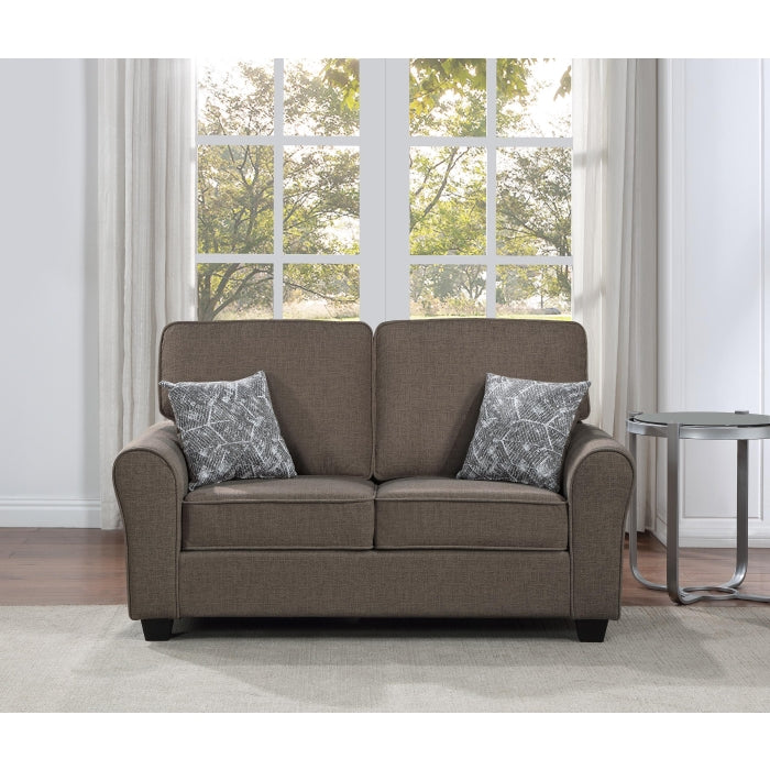 DARK BROWN Fabric Comfort Cushioned Flared Round Arm Loveseat