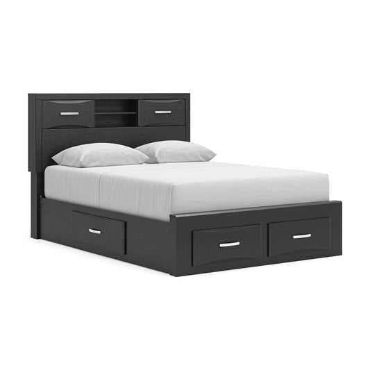 Jeffon - Queen Bookcase Bed With Storage Footboard And 2 Under Bed Storage Units - Black