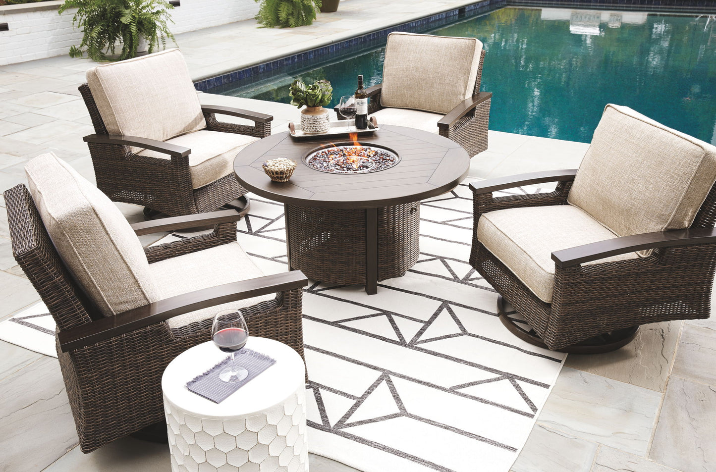 Paradise Trail - 5 Pc. - Conversation Set with 4 Swivel Lounge Chairs - Medium Brown