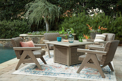 Carisbo - 5 Pc. - Fire Pit Table, 4 Rocking Chairs - Beige