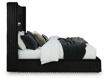 Agrander - Upholstered Bed With Fireplace And Wireless Audio