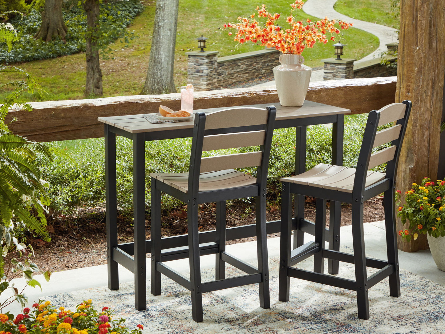 Moondance - Outdoor Counter Table And 2 Barstools (Set of 3) - Black / Beige