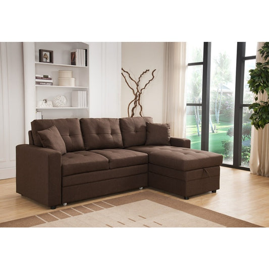 BROWN Fabric Reversible Pull Out Sectional Sofa & Storage