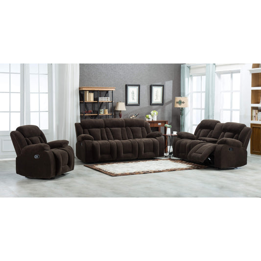 3PC DARK BROWN Fabric Manual Reclining Sofa Set