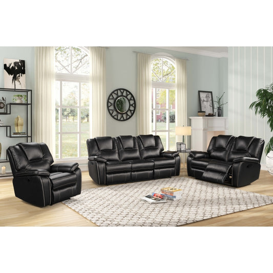 3PC BLACK Breathable Air Leather Manual Recliners Sofa Set