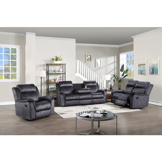 3PC BLUE GRAY Fabric Reclining Sofa Set w/ Drop Down Tray