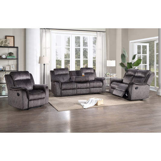 3PC DARK GRAY Fabric Reclining Sofa Set w/ Drop Down Tray