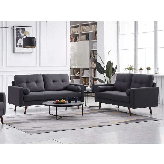 DARK GRAY Linen Stationary Tufted Back Living Room Set w/ Cylinder Throw Pillows - Sofa & Loveseat