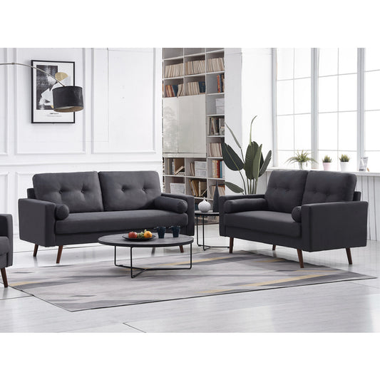 DARK GRAY Linen Stationary Tufted Back Living Room Set w/ Cylinder Throw Pillows - Sofa & Loveseat