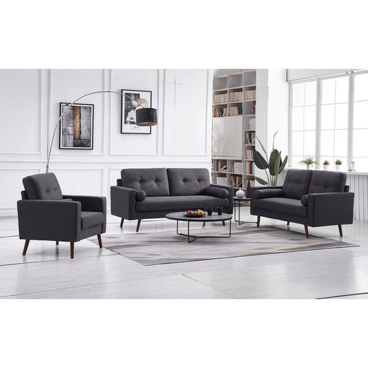 3PC DARK GRAY Linen Stationary Tufted Back Living Room Set w/ Cylinder Throw Pillows