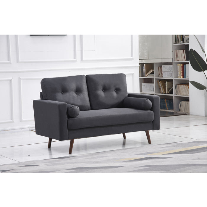 DARK GRAY Linen Stationary Tufted Back Living Room Set w/ Cylinder Throw Pillows - Sofa & Loveseat