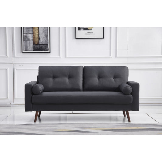 DARK GRAY Linen Stationary Tufted Back Sofa w/ Cylinder Throw Pillows