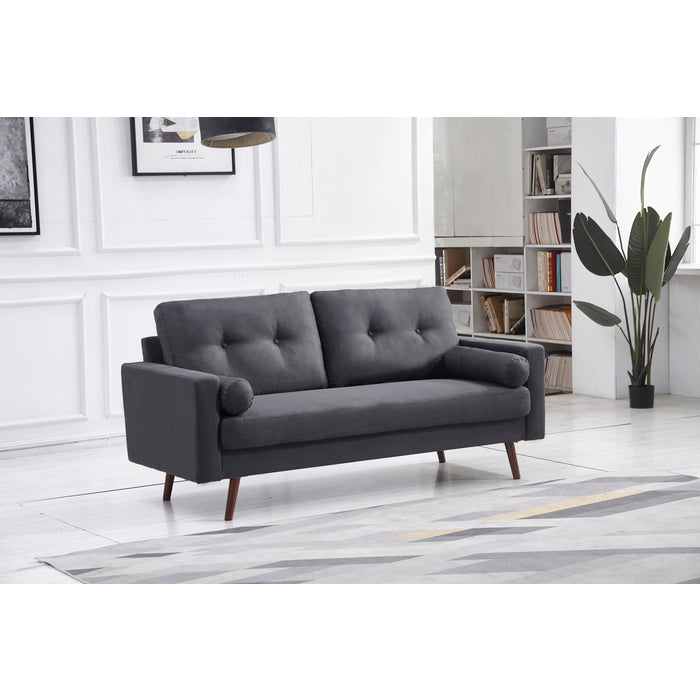 DARK GRAY Linen Stationary Tufted Back Living Room Set w/ Cylinder Throw Pillows - Sofa & Loveseat