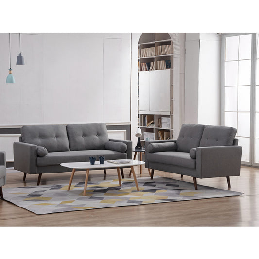 LIGHT GRAY Linen Stationary Tufted Back Living Room Set w/ Cylinder Throw Pillows - Sofa & Loveseat