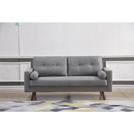 LIGHT GRAY Linen Stationary Tufted Back Sofa w/ Cylinder Throw Pillows