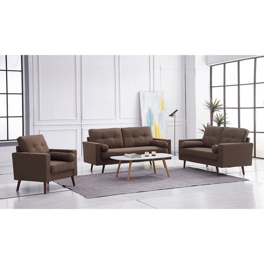 3PC BROWN Linen Stationary Tufted Back Living Room Set w/ Cylinder Throw Pillows