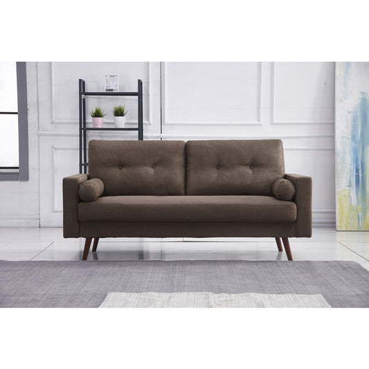 BROWN Linen Stationary Tufted Back Sofa w/ Cylinder Throw Pillows
