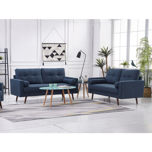 NAVY Linen Stationary Tufted Back Living Room Set w/ Cylinder Throw Pillows - Sofa & Loveseat