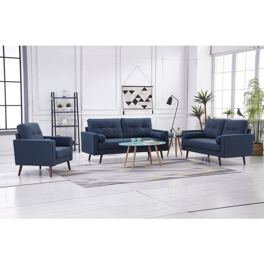 3PC NAVY Linen Stationary Tufted Back Living Room Set w/ Cylinder Throw Pillows