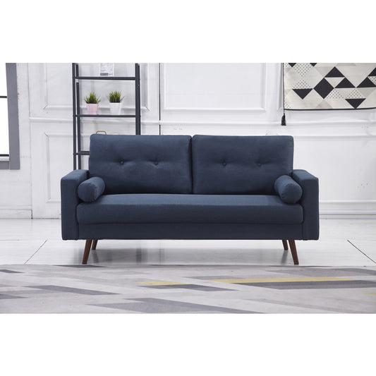 NAVY Linen Stationary Tufted Back Sofa w/ Cylinder Throw Pillows