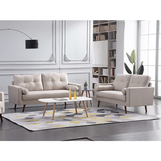 BEIGE Linen Stationary Tufted Back Living Room Set w/ Cylinder Throw Pillows