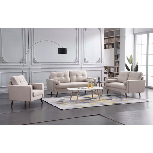 3PC BEIGE Linen Stationary Tufted Back Living Room Set w/ Cylinder Throw Pillows