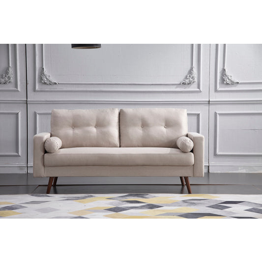 BEIGE Linen Stationary Tufted Back Sofa w/ Cylinder Throw Pillows