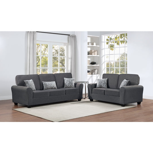 2PC DARK GRAY Fabric Comfort Cushioned Flared Round Arm Sofa Set