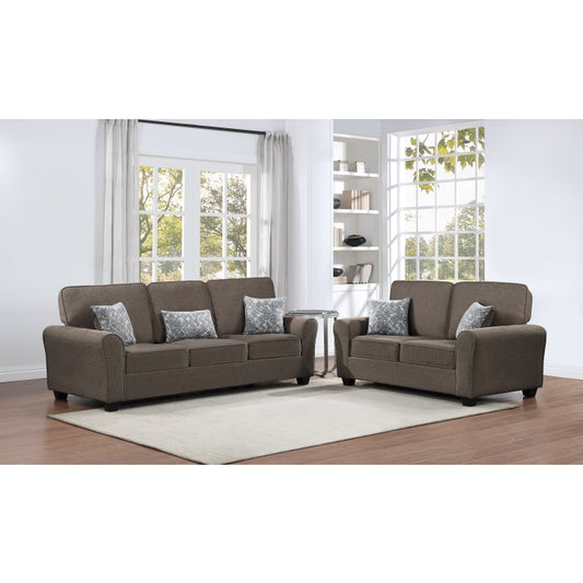 2PC DARK BROWN Fabric Comfort Cushioned Flared Round Arm Sofa Set