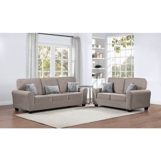2PC TAUPE Fabric Comfort Cushioned Flared Round Arm Sofa Set