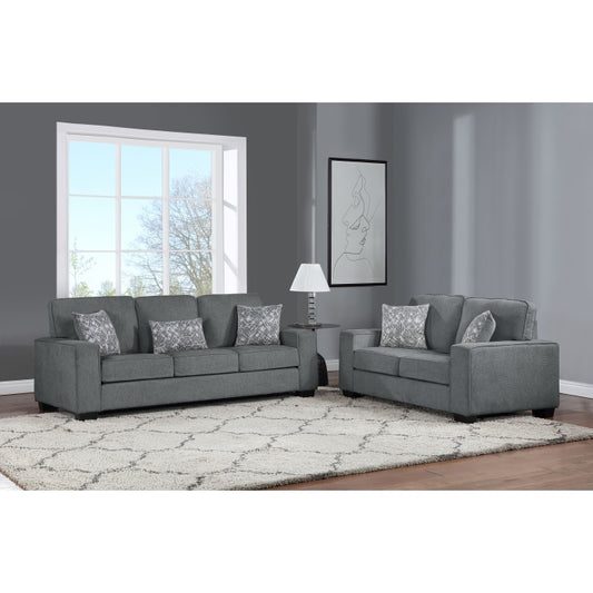 2PC Dark Gray Fabric Comfort Cushioned Square Arm Sofa Set