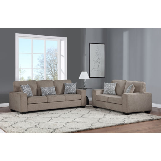 2PC BROWN Fabric Comfort Cushioned Square Arm Sofa Set