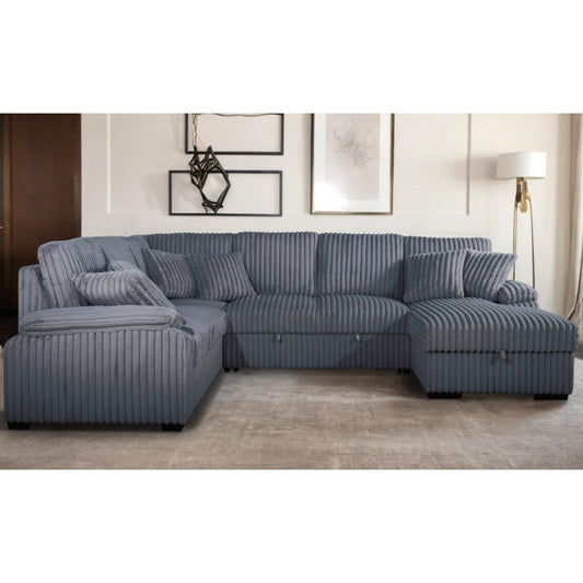 DARK GRAY RHF Fabric U-Shaped Pull Out Sectional Sofa w/ Storage Chaise + Pillows