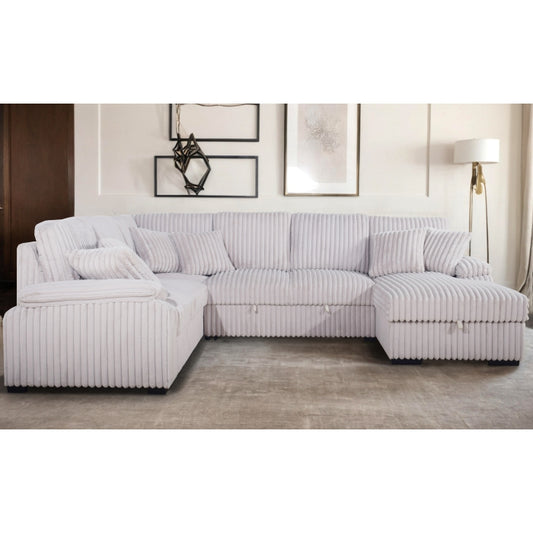 BEIGE RHF Fabric U-Shaped Pull Out Sectional Sofa w/ Storage Chaise + Pillows