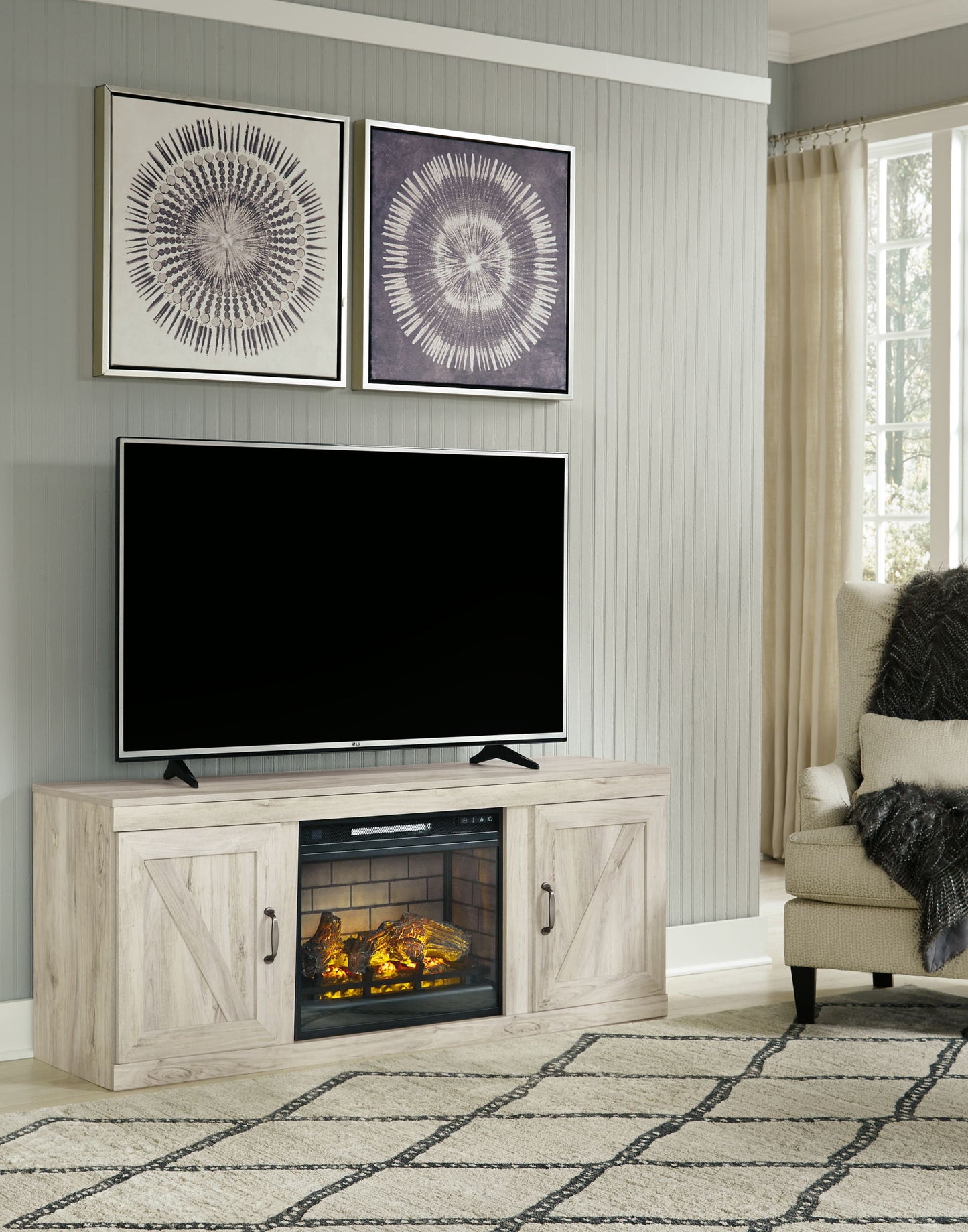 Bellaby - TV Stand With Faux Firebrick Fireplace Insert - Whitewash