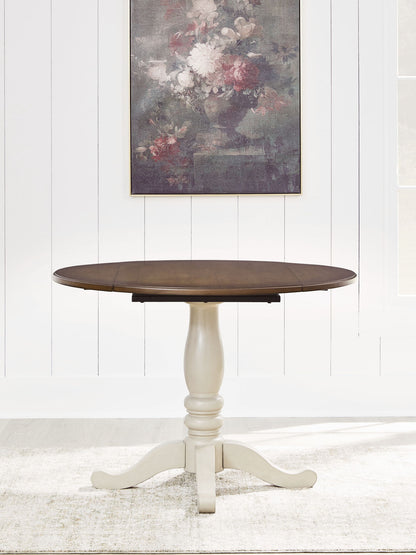 Mellintine - Round Dining Room Drop Leaf Table - Antique White / Brown