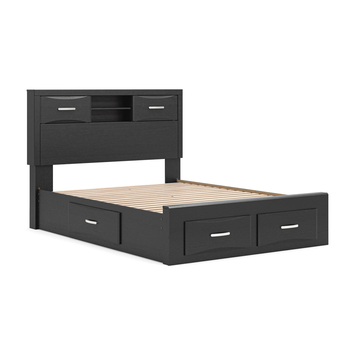 Jeffon - Queen Bookcase Bed With Storage Footboard And 2 Under Bed Storage Units - Black