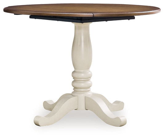 Mellintine - Round Dining Room Drop Leaf Table - Antique White / Brown